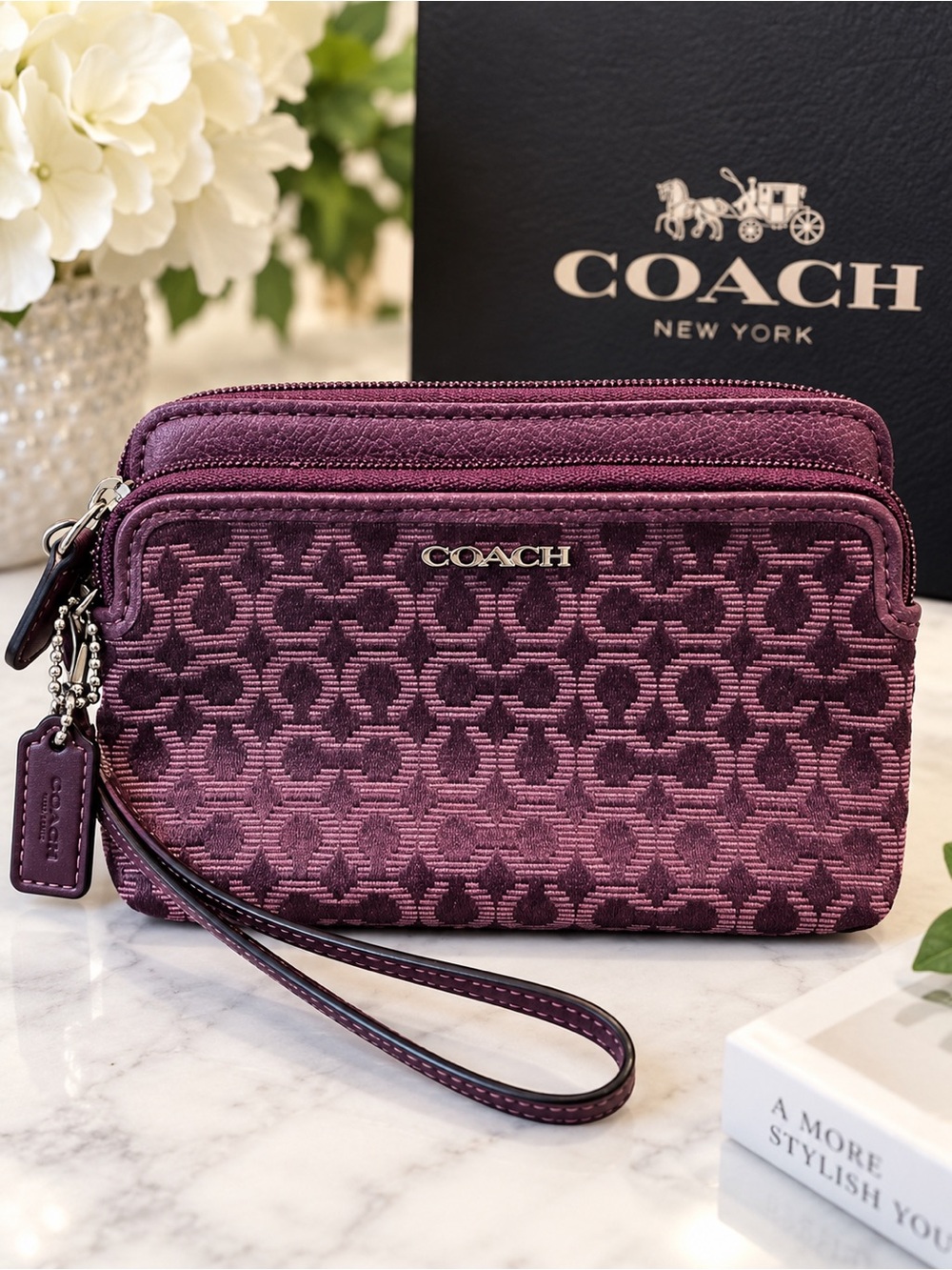 Coach Purple Signature Jacquard Double Zip Wristlet Y2K